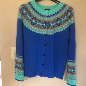 Beautiful blue Fair Isle Trim Cardigan size Lg.